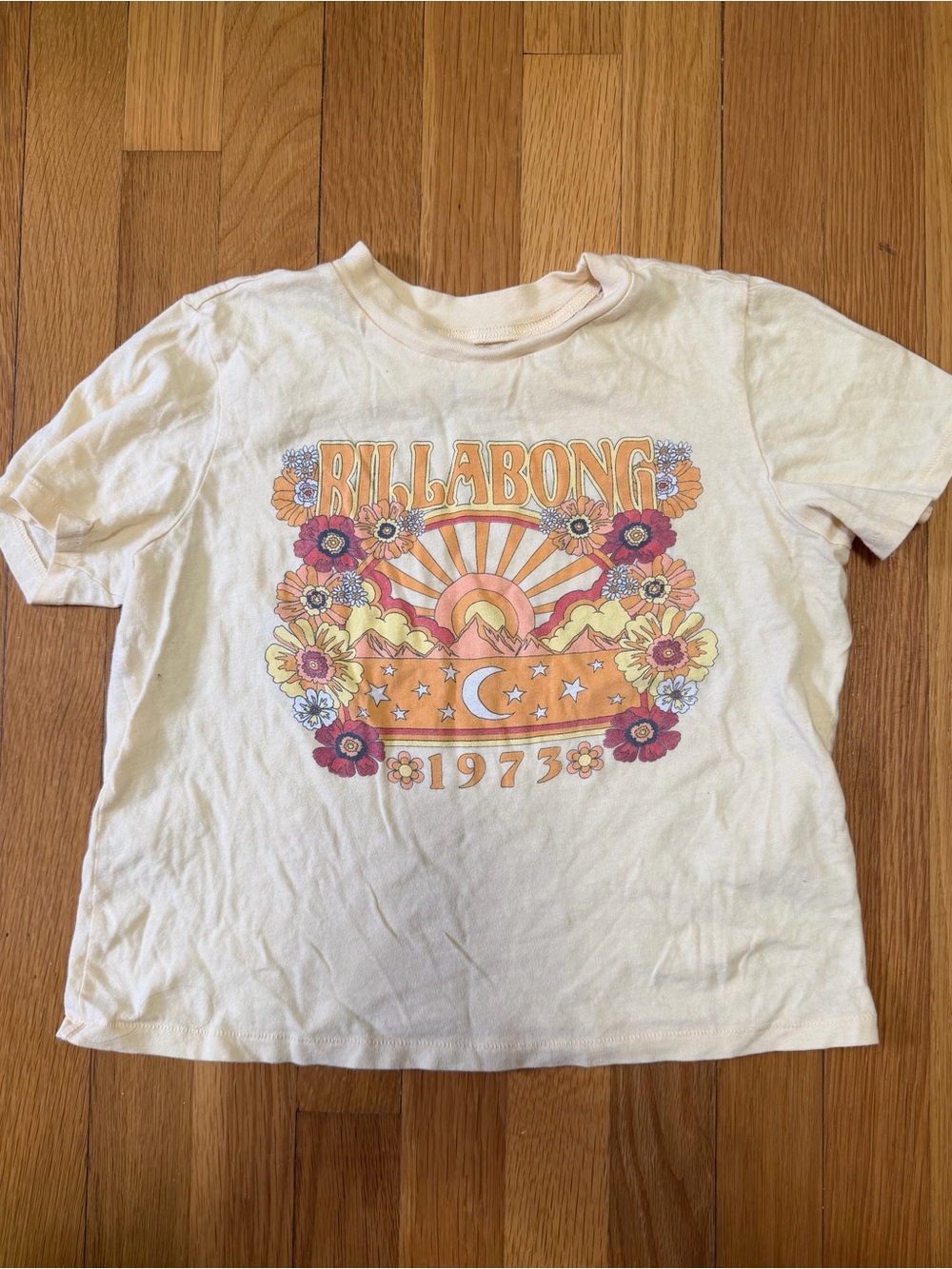 Billabong Cream Graphic Tee with Orange and Pink Floral Sunset